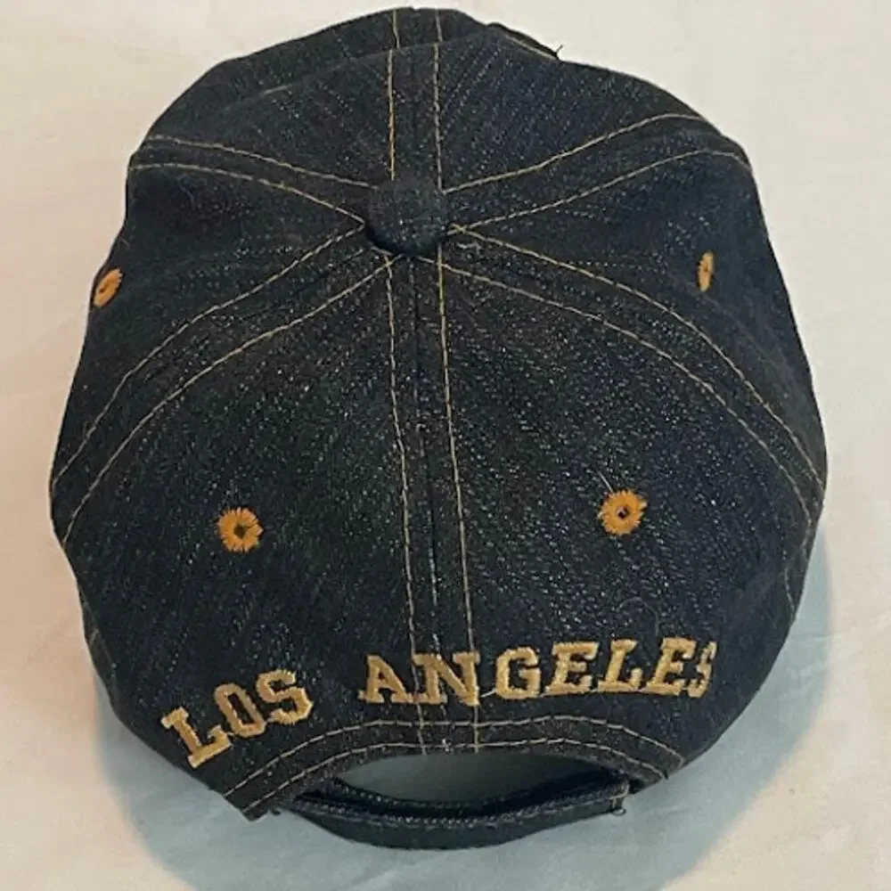 LA Los Angeles Denim Baseball Hat Cap Blue Dark Wash Distressed Gold Stitch